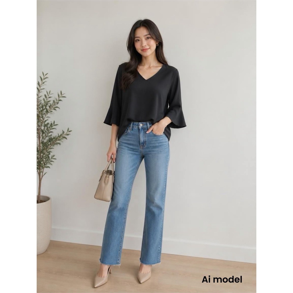 Pleione Black V-Neck Bell Sleeve Blouse Top Solid Minimalist Professional‎ Small